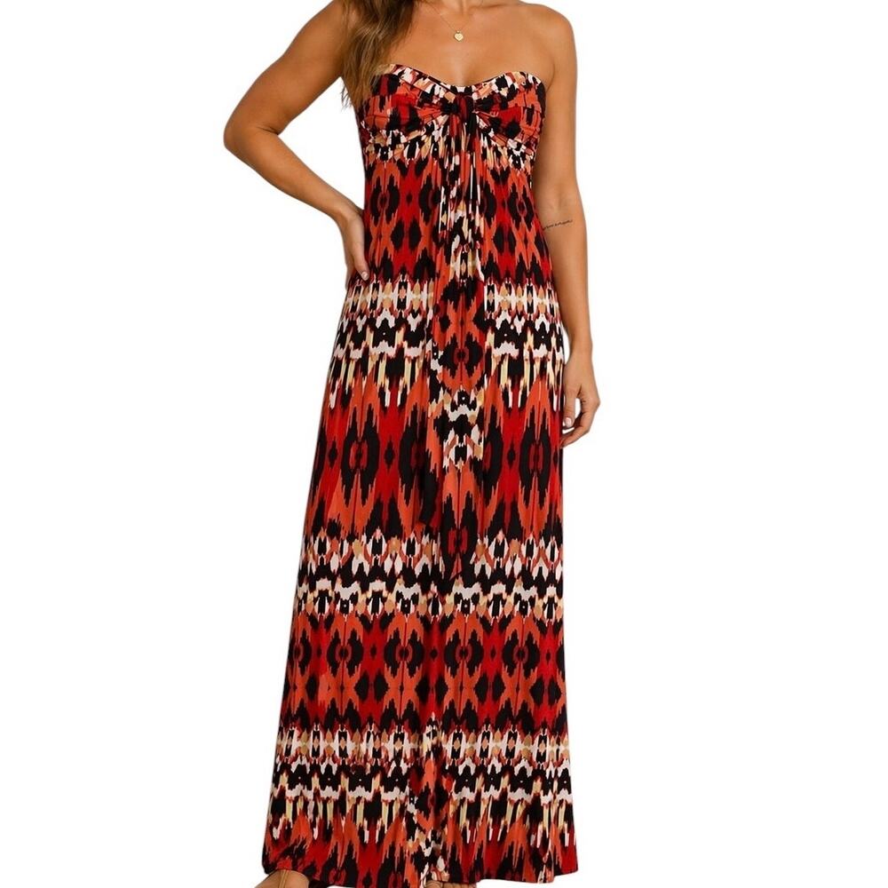 Soma‎ Small Strapless Maxi Dress Red Black Tribal Print Boho